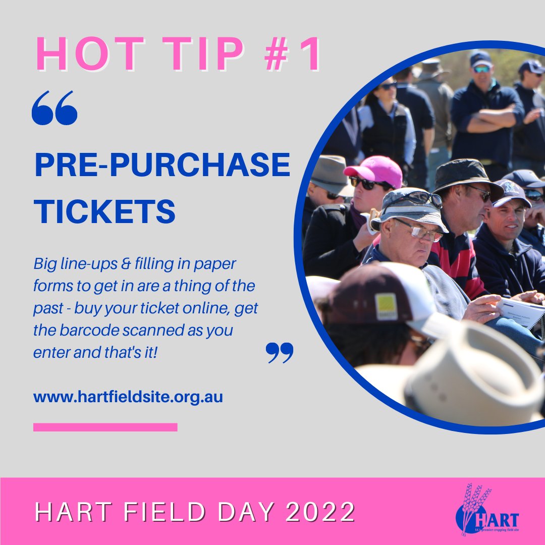 Our Hart Field Day HOT TIPS are back!
They'll help you get the most out of your day.
#1 PRE-PURCHASE TICKETS
Even if you only do it from the car park that morning, you'll need to grab your ticket online.
HartFieldDay2022.eventbrite.com.au
(If you need a hand, give Sandy a call. 😃)