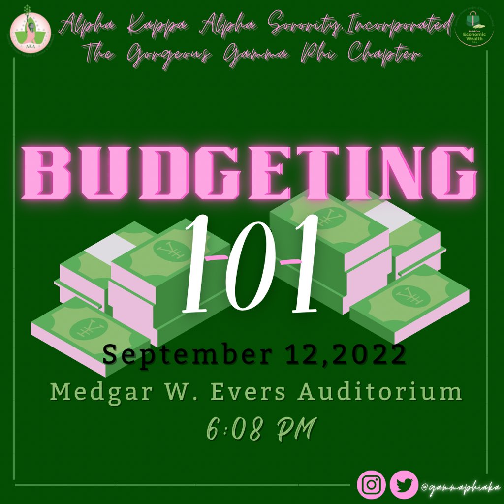 Want to know better ways to balance and budget your money? Join the ladies of Alpha Kappa Alpha Sorority, Incorporated, the Gorgeous Gamma Phi Chapter as we give out some tips towards budgeting and saving techniques! SKEE YOU THERE! 💗💚
#BUDGETING101 #AKA1908 #SOARINGWithAKA
