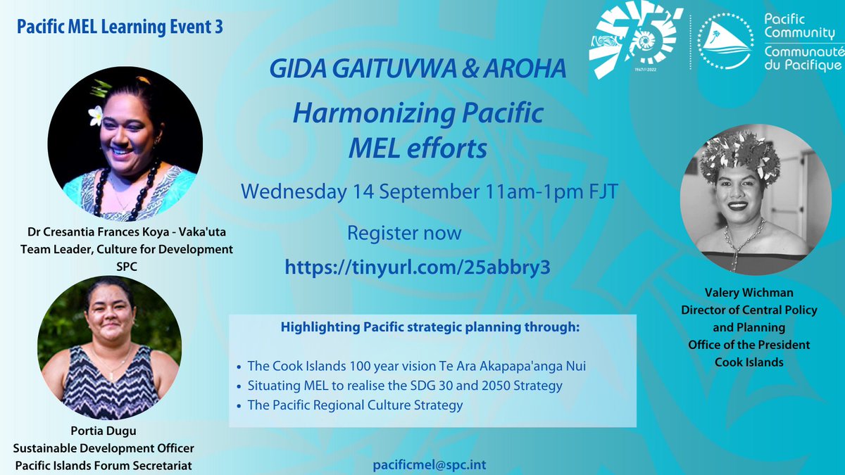 The SPC is excited to invite you to hear stories from our community! Join us as we share in #talanoa on the current shifts in planning and programming that builds on the strengths of our #culture and Pacific ways. #PacMEL 

Register here: tinyurl.com/25abbry3