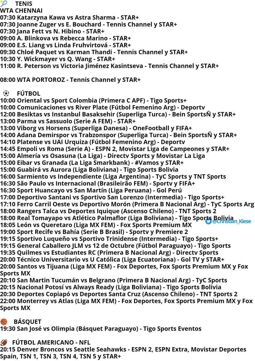 Christian_Kiese's tweet photo. Grilla Deportiva - Lunes 12/09
🎾 #WTAChennai #WTAPortoroz
⚽ 29 partidos #PrimeraCAPF #SerieATIM #Süperlig #3FSuperliga #LaLiga #LaLigaSmartBank #CopaTigo #IntermediaAPF #TorneoBinance #Liga1Betsson #LigaProBetcris
🏀 @basketparaguayo
🏈 #NFL https://t.co/h3Wql9zx6A