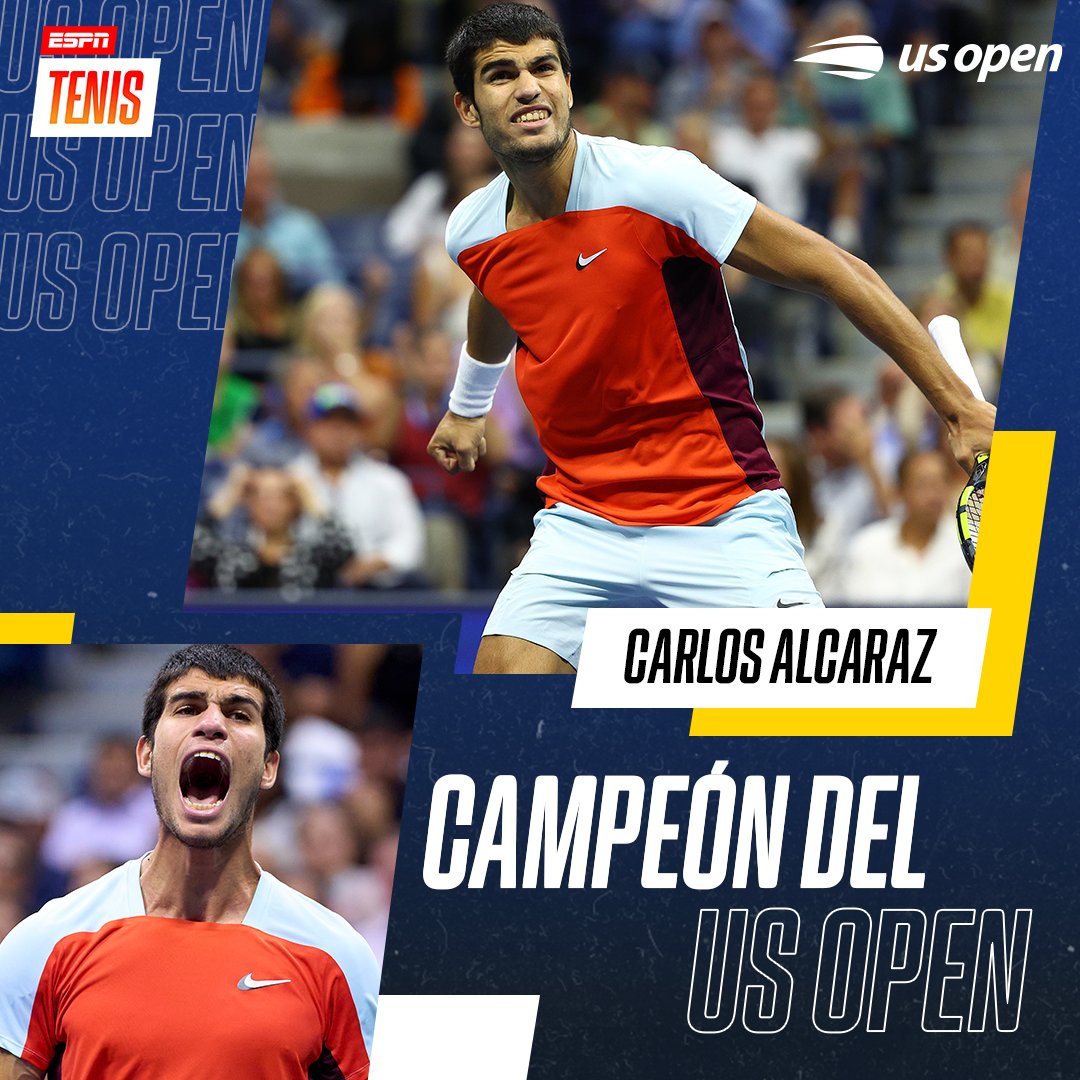 ESPNtenis's tweet photo. ¡EL VERDADERO REY CARLOS! 🇪🇸👑

Show de Alcaraz en el #USOpen: 6-4, 2-6, 7-6 (1) y 6-3 a Ruud para levantar el primer título de Grand Slam de su carrera y convertirse en el N°1 del mundo. 💥💯

🙌 19 años y 4 meses para el tenista más joven en ser líder del ranking. https://t.co/e9qx6wFWHs
