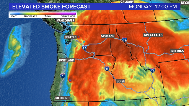 JoeRaineriWX's tweet photo. After seeing thick smoke and haze this weekend, we'll slowly see it clear out by tomorrow afternoon. It's still going to be thick east of the #Cascades the next couple days. #kgw #kgwweather #widlfires https://t.co/1DEnvrF8rc