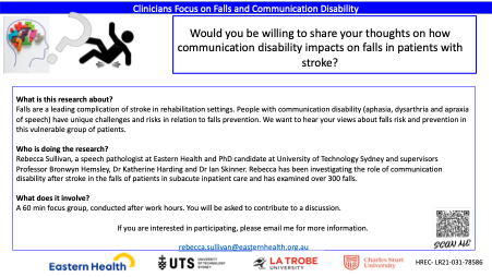 BeckSullivanSLP's tweet photo. “Focus on Falls”. If you work in Victoria with people with #Stroke and #Communication Disability, have your say on the impacts of communication disability on falls. We are running  focus groups #Falls #Aphasia #CommunicationDisability #Stroke #MyDeadlyPhD https://t.co/tayuc61K2o