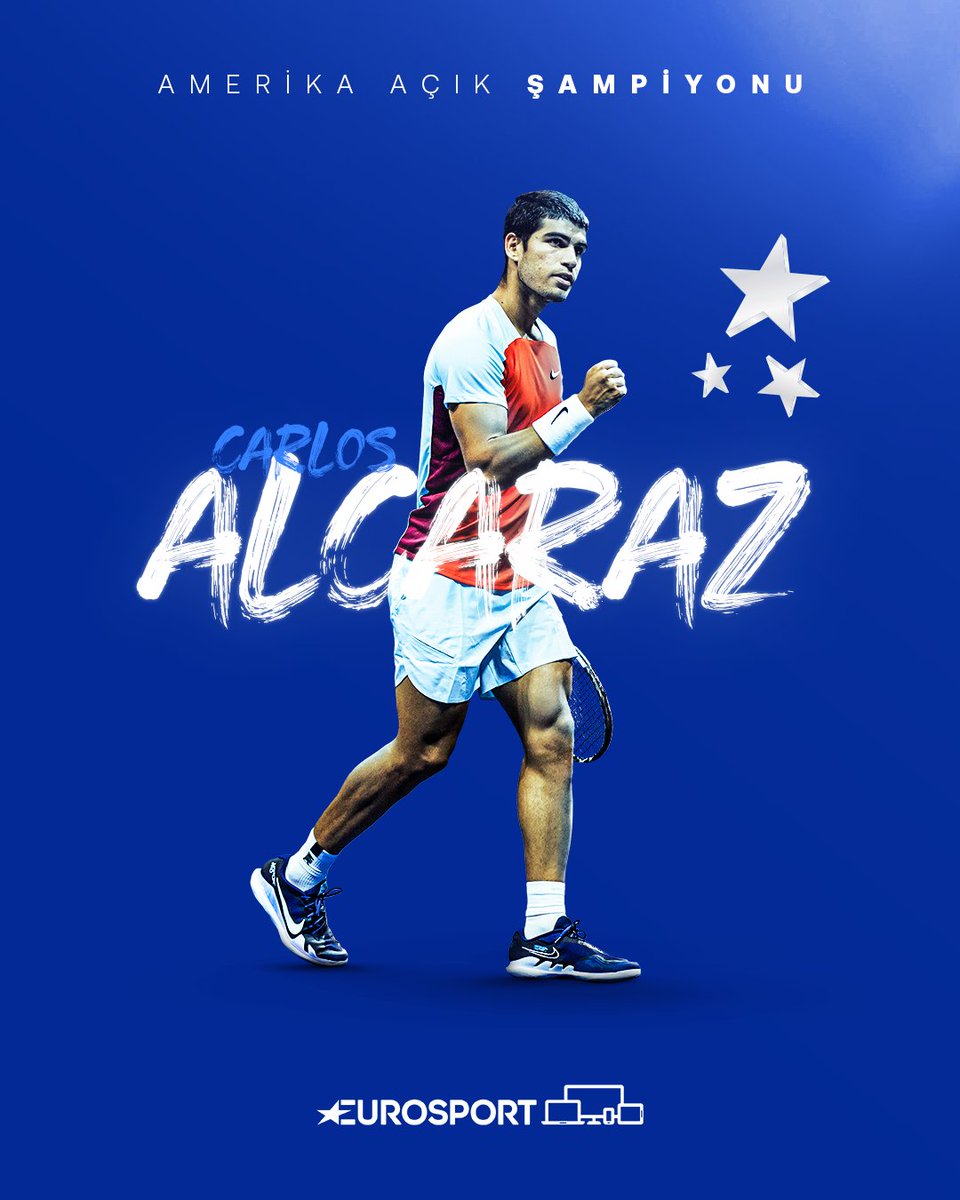 Eurosport_TR's tweet photo. 🌟TARİHİN EN GENÇ DÜNYA BİR NUMARASI: CARLOS 'CARLITOS' ALCARAZ 🌟

🏆Casper Ruud'u dört set sonunda yenmeyi başaran Carlos Alcaraz, kariyerinin ilk Grand Slam zaferini Amerika Açık'ta elde ederek dünya tek erkekler bir numarası oluyor. 

🔥Henüz 19 yaşında!

#USOpen https://t.co/66aQPD6JYm