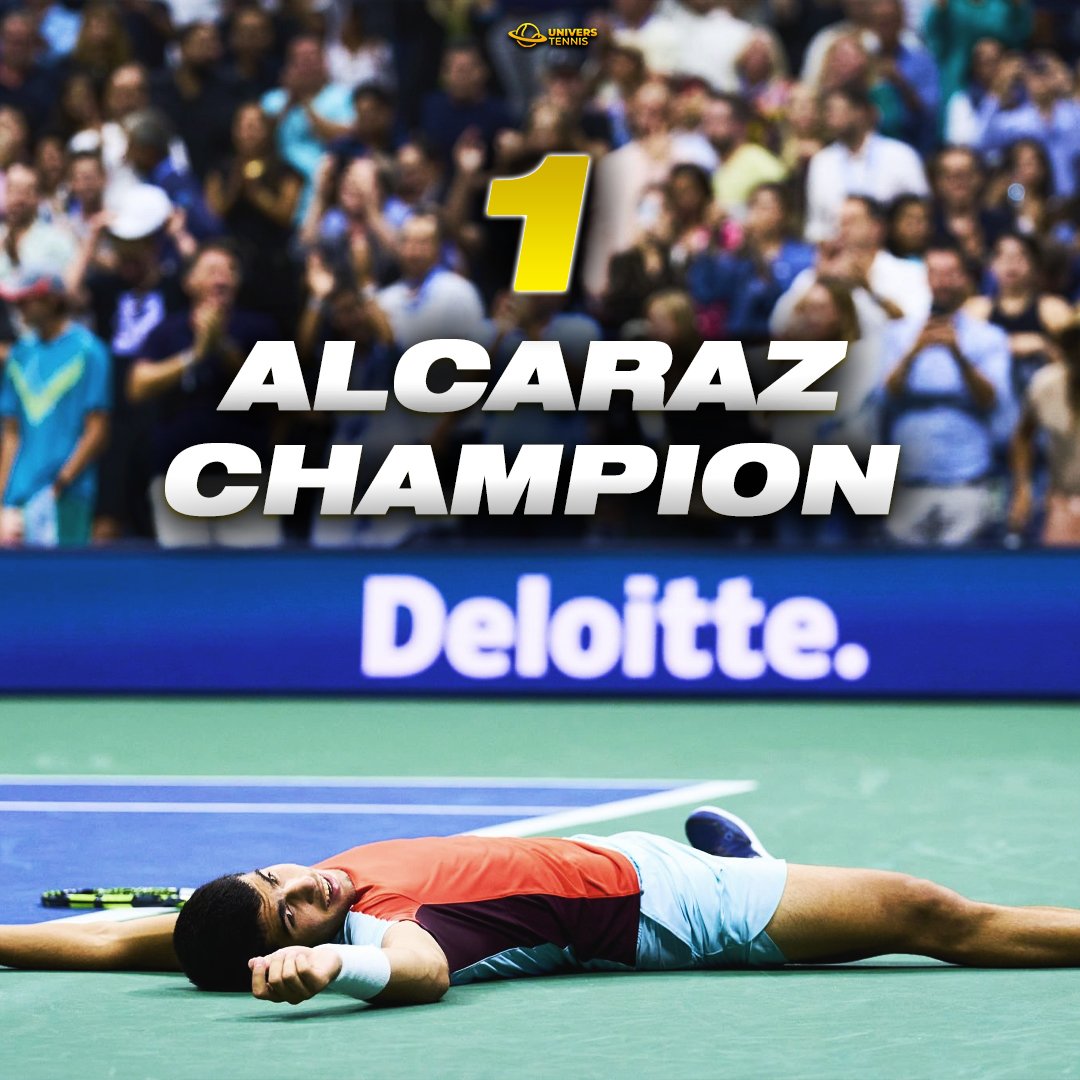 UniversTennis's tweet photo. 🏆 CARLOS ALCARAZ REMPORTE L'#USOPEN

Le prodige espagnol de 19 ans domine Casper Ruud (6-4, 2-6, 7-6, 6-3) en finale et remporte son tout premier titre en Grand Chelem. 🇪🇦🌟

Il devient officiellement n°1 mondial. SENSATIONNEL. 🔥👑 https://t.co/mPJCgBO11I