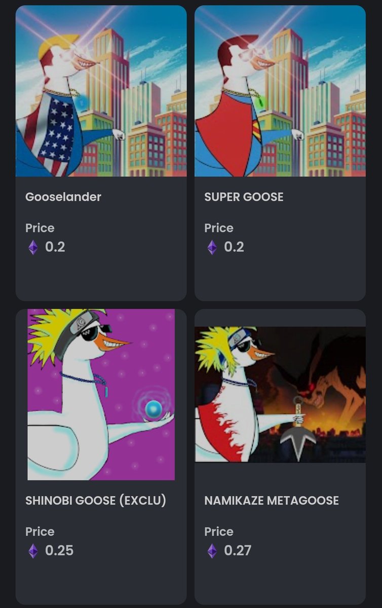 Sale started 0.02ETH off on all them NFTs of CHARACTER BASED GOOSE collection  

You won't get a better chance🥂
Grab your first goose now

🔗|opensea.io/collection/mov…

#NFTGame #NFTartwork #NFTcollections #NFTdrops #NFTCollection #NFTsales #NFTs #NFT #NFTCommuntiy #NFTGiveaways