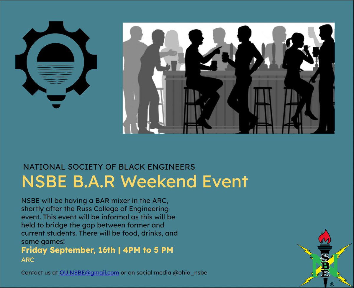 Hello everyone! NSBE will be having a BAR mixer on September 16th, from 4-5PM in the ARC. This will be shortly after the Russ College event. This will be informal as the purpose of the event is to connect former and current students. There will be food, drinks, and games!