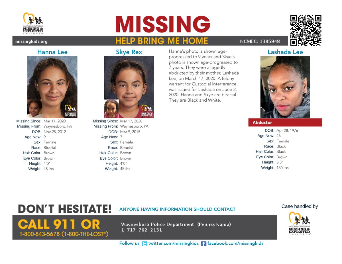 NCMEC's tweet photo. U.S. MARSHALS SAY #MISSING SISTERS LIKELY IN #WASHINGTONDC AREA
Hanna Lee & Skye Rex were allegedly abducted by their mother, Lashada Lee, on 3/7/2020. A felony warrant for Custodial Interference was issued for Lashada on June 2, 2020.
https://t.co/79y7vXkFo2 https://t.co/wKWhE17gr8