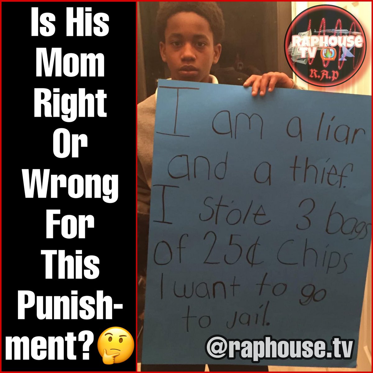 raphousetv2's tweet photo. Mom right or wrong for giving her son this punishment for stealing 📸⁉️ https://t.co/GeAnrfsP32