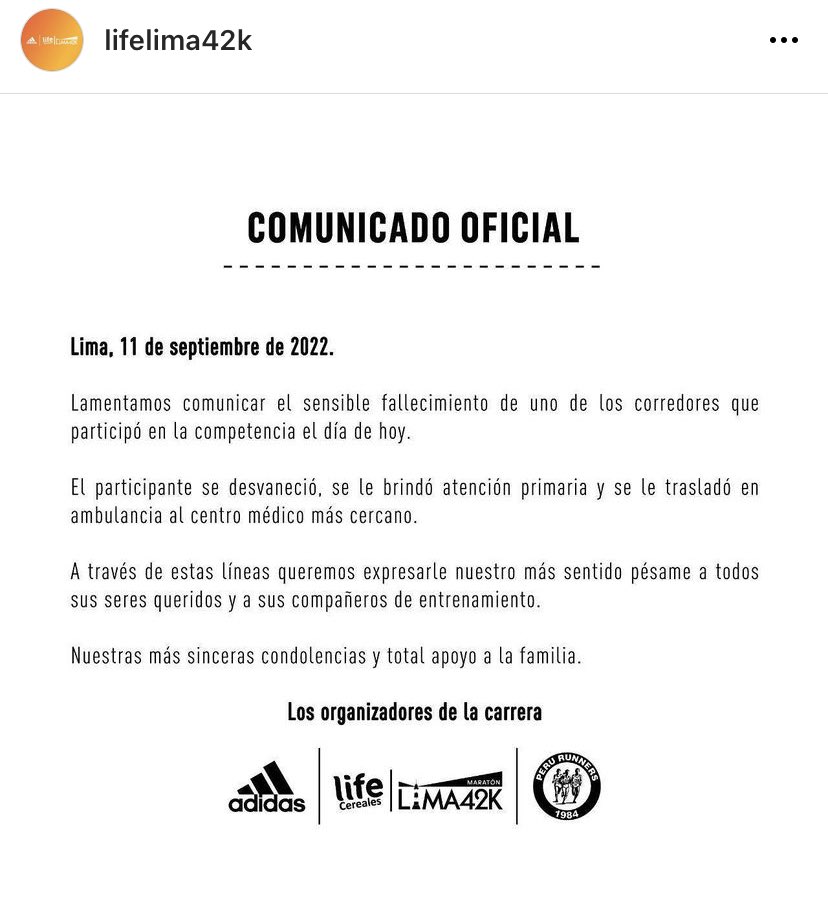 Mnavarro_'s tweet photo. Comunican el fallecimiento de uno de los corredores que participó hoy en Life Lima 42k. #lifelima42k https://t.co/iuNv7kBvFA