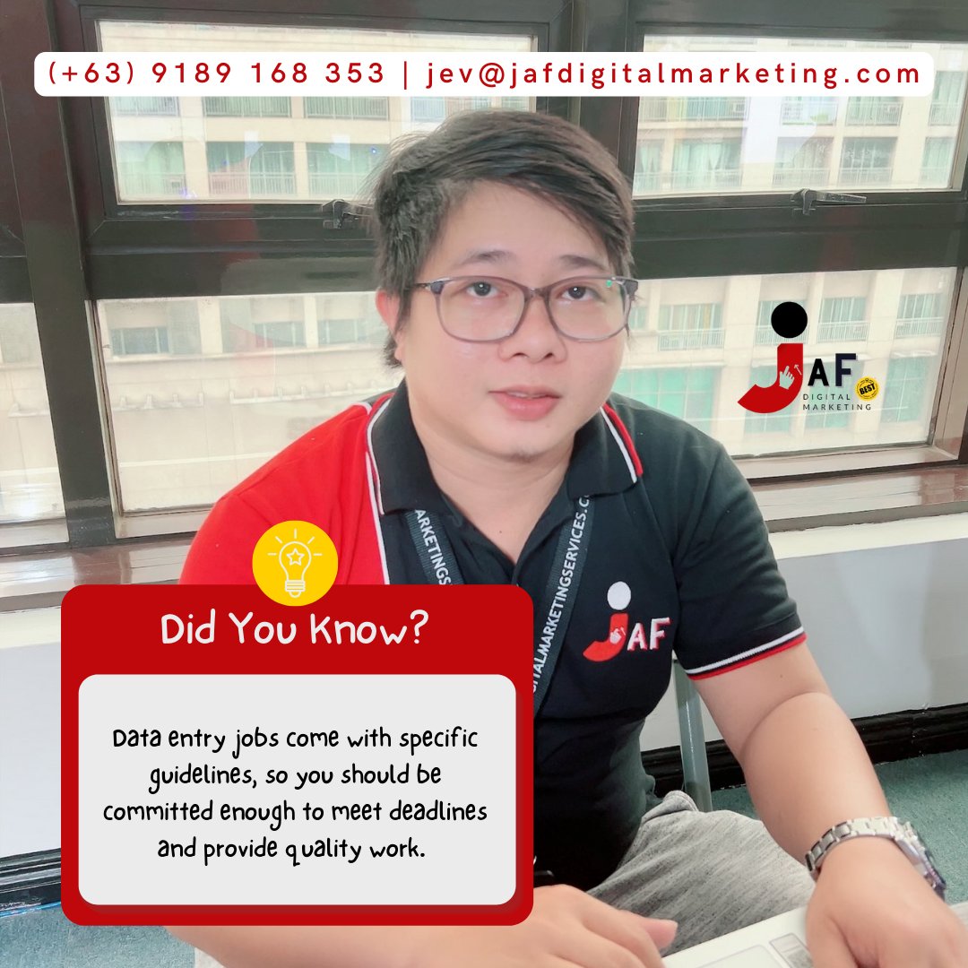 JafDataEntry's tweet photo. Did you know?

Data entry jobs come with specific guidelines, so you should be committed enough to meet deadlines and provide quality work. 

Get in touch with us today!
🌐 https://t.co/cB9jU8zZT2
📞 PH - (+63) 9189 168 353
✉... https://t.co/jsbjs3TIFY