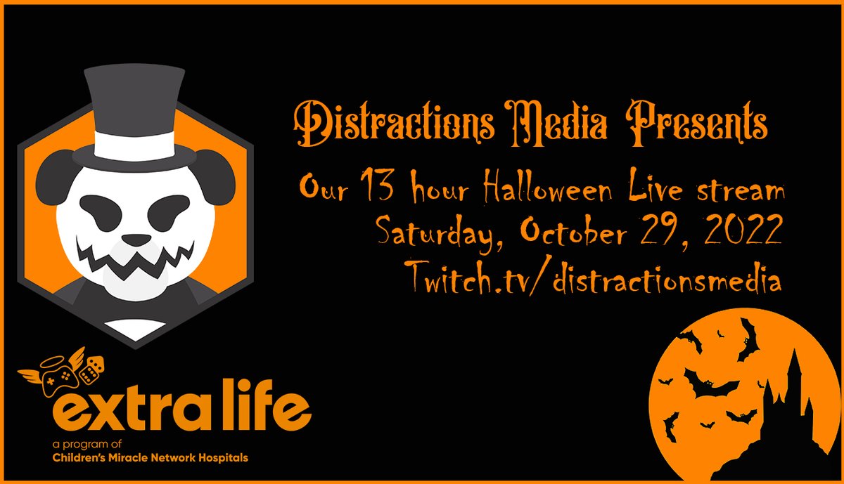 Join us on October 29th for our charity fundraiser kick off 13 Hour Halloween Stream. Starting at noon eastern time.