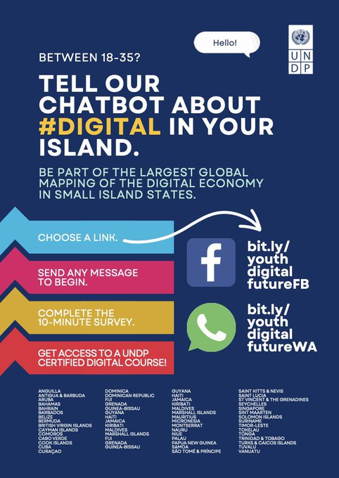 📢 Dear Pacific #youth! 

@UNDP launched a 🌏survey for small island developing states 🏝️ to learn from young people (aged 18-35) about all #digital 🤖📱

Ensure to share your specific #Pacific hopes, aspirations & concerns by clicking at the links below! 

⬇️⬇️⬇️#RisingUpForSIDS