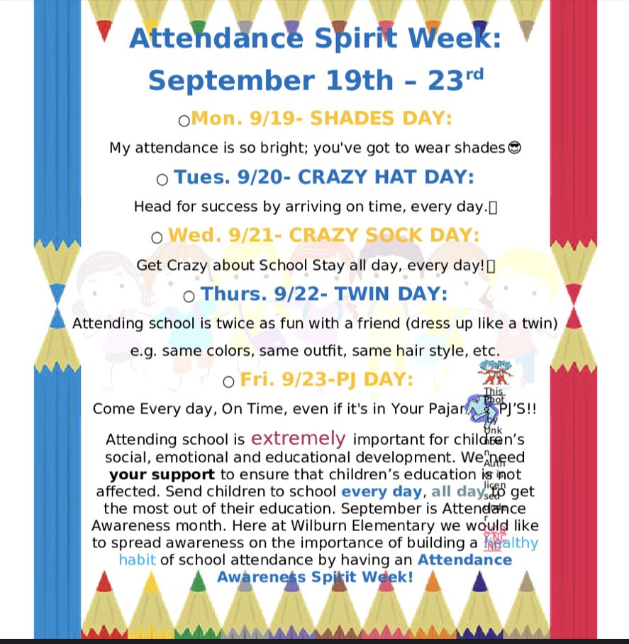 WilburnElem's tweet photo. 🎉September is Attendance Awareness Month...check out our Spirit Week Plans🎉 https://t.co/HKYxVqiXxg