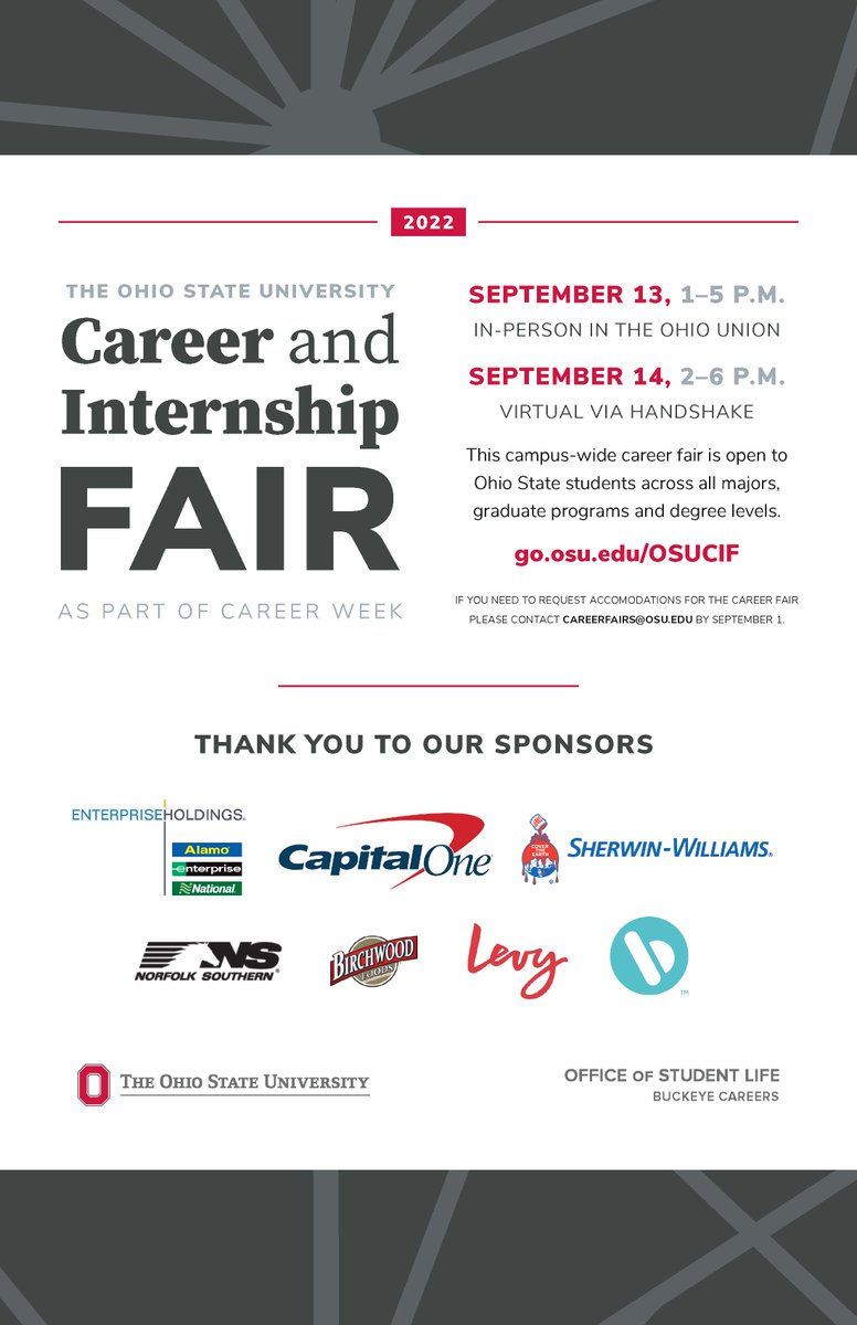 BuckeyeCareers's tweet photo. Good morning and welcome to Career Week! Not sure what Career Week is? Check out https://t.co/1DdBPyaxKd  And, while you are planning your week, don't forget the Career and Internship fair is Tuesday in-person and virtual on Wednesday via Handshake. https://t.co/aAbzpyKCOn https://t.co/tPheX7Z0qh