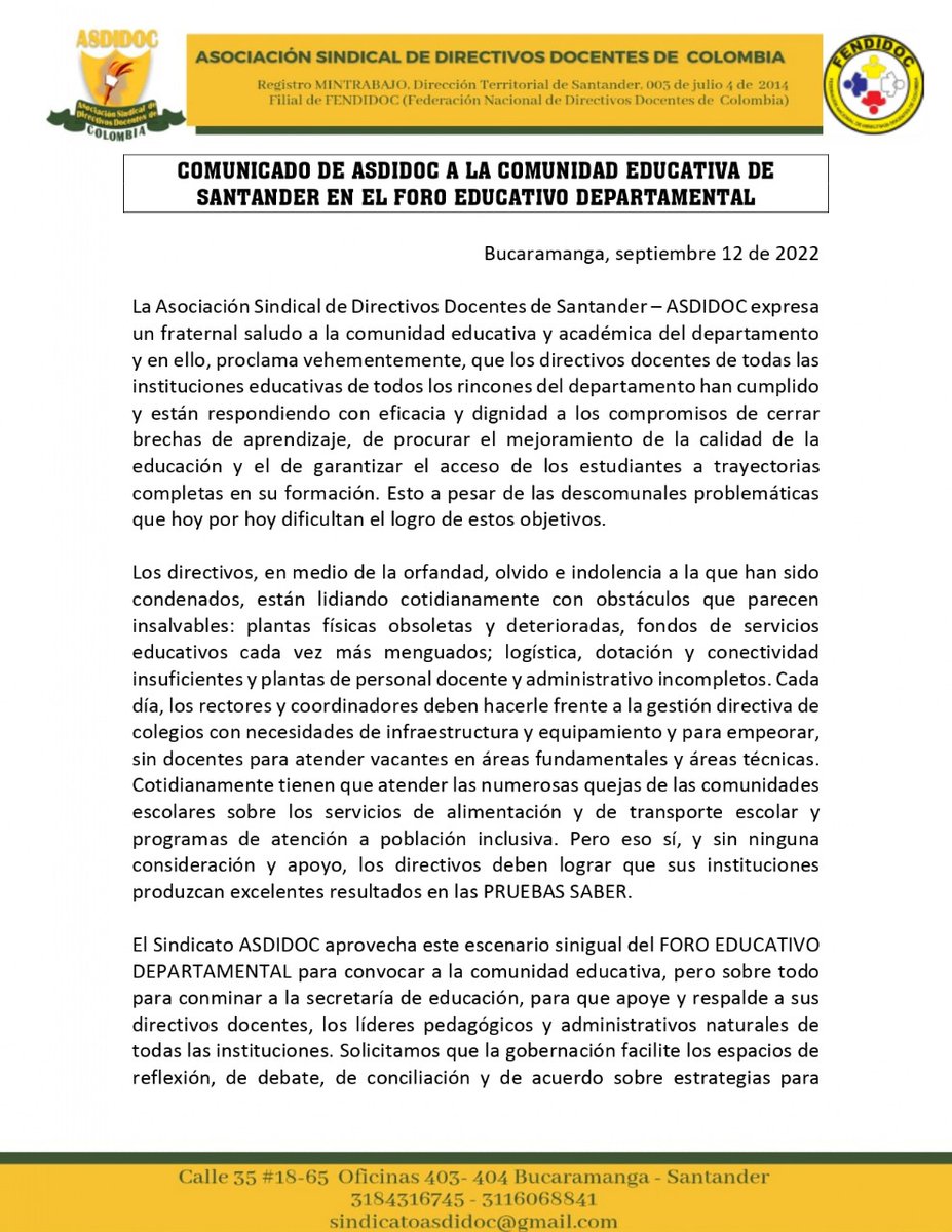 AsdidocSder's tweet photo. @AsdidocSder  exhorta a @GobdeSantander para que escuche y atienda con respeto a sus rectores en las peticiones de gestión educativa territorial que rescate la educación pública en caos en el Departamento. @SindicatoSES @PFendidoc @fecode @Mineducacion @CutSantander @SintrenalN https://t.co/MTAhpg839j