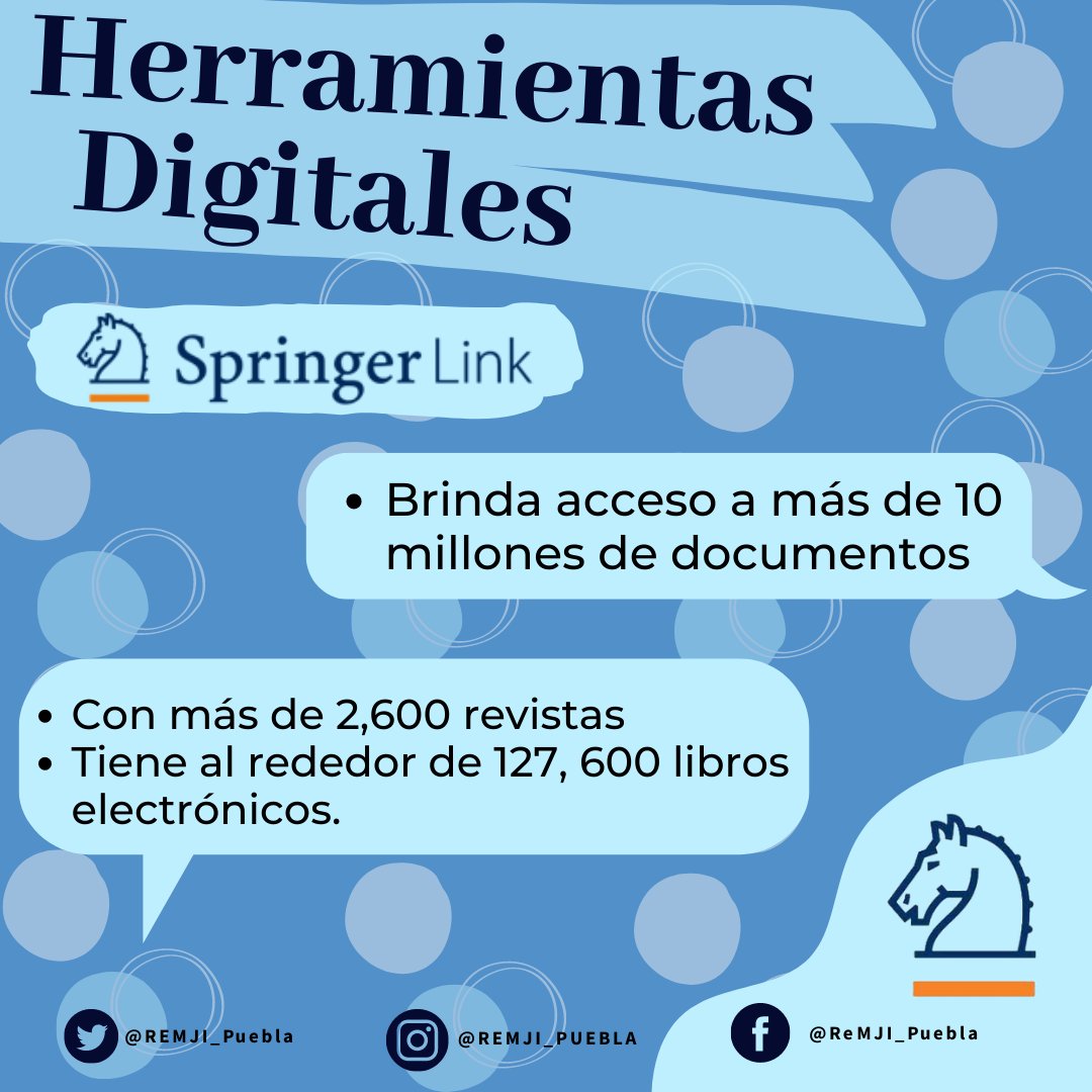 ReMJI_Puebla's tweet photo. ¿Harás un trabajo académico y necesitas un repertorio que te brinde información variada?🤓
Springer link es la herramienta ideal que te brindará desde revistas científicas, hasta libros y series. 📚
Conócelo: https://t.co/In3MEjIZEA
#SomosReMJI #ReMJI #Puebla #PueblaCity https://t.co/ji8hSgChAi