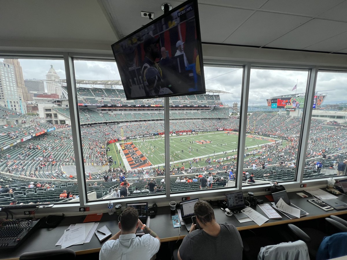 BCook1906's tweet photo. #pressbox view of the season opener between the @Steelers and @Bengals at @paycorstadium in #cincinnati. #Steelers #Bengals #goldenskymedia #nflmedia https://t.co/YVrUScadoc