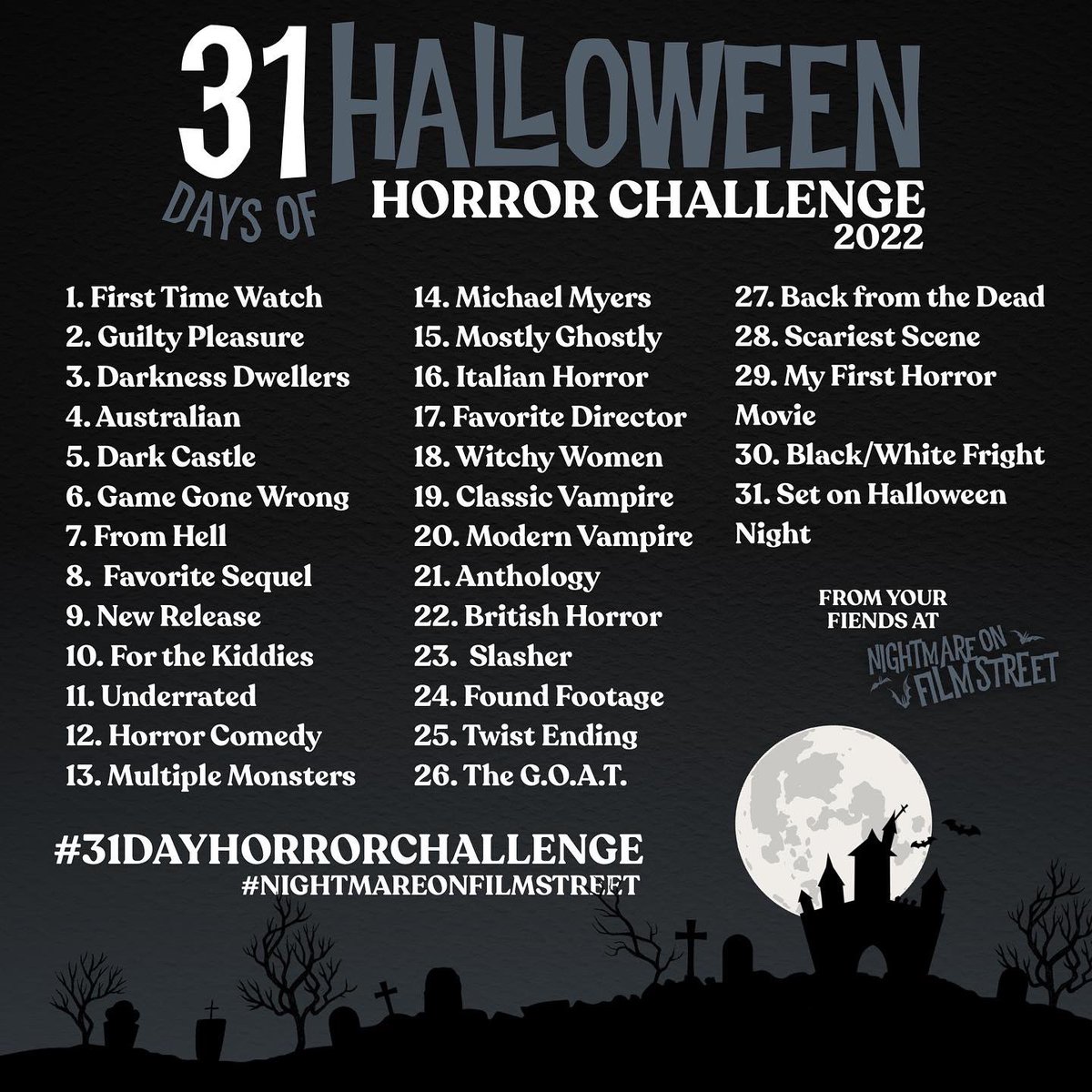 NOFSpodcast's tweet photo. PICK YOUR POISON ☠️ 

Grab your Official #31DayHorrorChallenge graphic and get ready for a month of frights! 🎃🔥

HOW TO PARTICIPATE:
Starting October 1st, Follow the prompts of the challenge guide by choosing a new horror movie everyday …for thirty-one days! 👀🧡 https://t.co/JxVUGRznPe