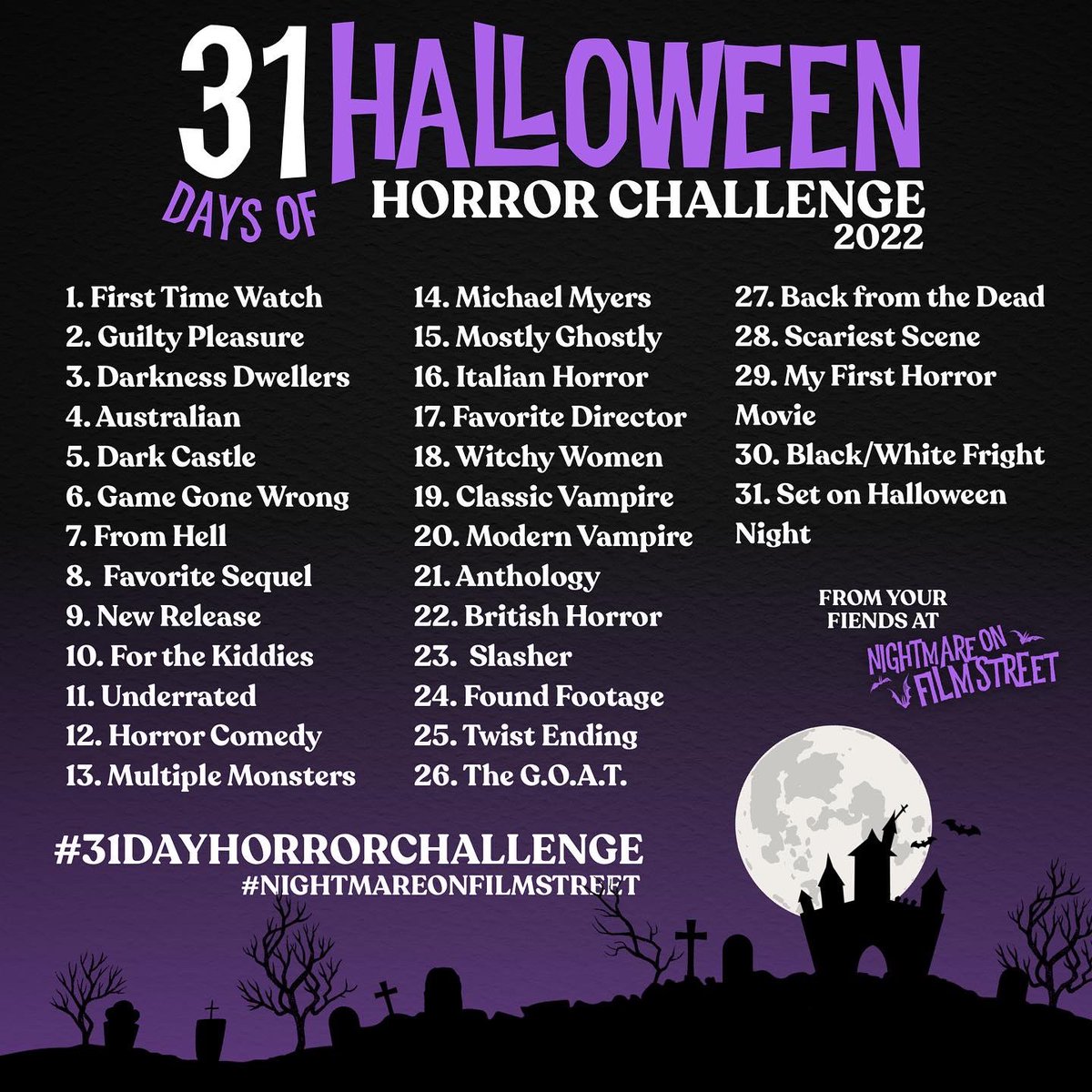 NOFSpodcast's tweet photo. PICK YOUR POISON ☠️ 

Grab your Official #31DayHorrorChallenge graphic and get ready for a month of frights! 🎃🔥

HOW TO PARTICIPATE:
Starting October 1st, Follow the prompts of the challenge guide by choosing a new horror movie everyday …for thirty-one days! 👀🧡 https://t.co/JxVUGRznPe