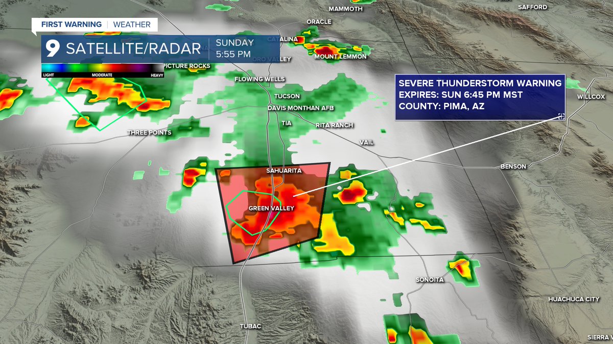 Sahuarita and Green Valley are under at Severe Thunderstorm Warning until 6:45 PM. Watch out for strong wind and potential hail!