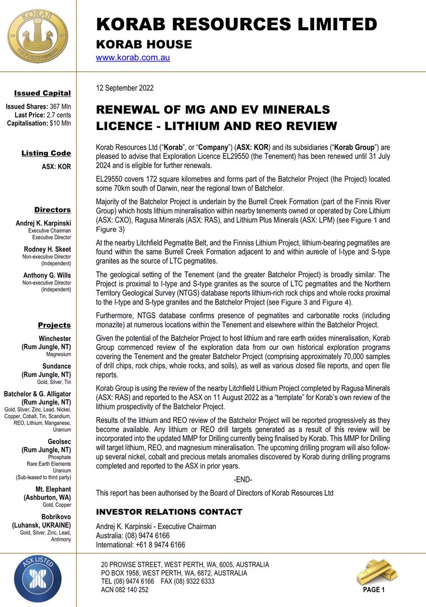 KorabResources's tweet photo. @KorabResources $KOR report regarding #lithium at Korab’s Batchelor project near major lithium projects held by Ragusa  $RAS, Core Lithium $CXO, Lithium Plus $LPM https://t.co/3rPzycvl4V