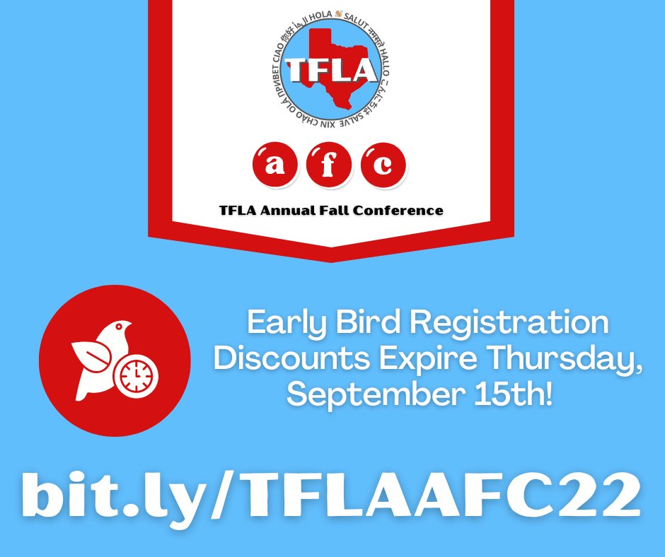 TFLA_Tweets's tweet photo. Just a friendly #tflatuesday reminder that you NEED to register for #TFLAAFC22 by this Thursday, September 15th to lock in that early bird discount! Purchase orders are accepted!
💻 Register at: https://t.co/wXIKdwQOsS https://t.co/dHP0pmw1hS