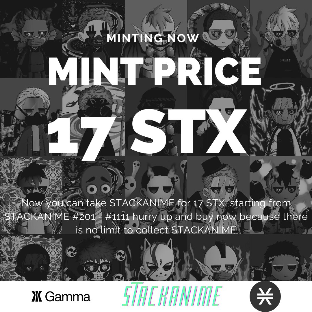 stackanimebtc's tweet image. MINTING NOW 🔥
Now 1111 STACKANIME is ready to be published and you only need to spend 17 $STX to get it.

gamma.io/collections/st…

#Trygamma #BTC #BTCUSDT #stxnft #STX #Btcstusdt