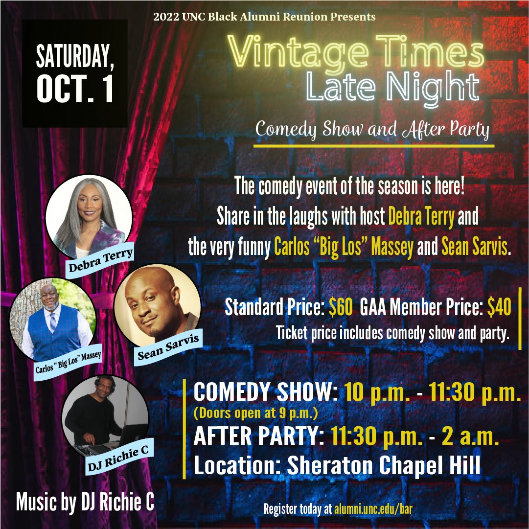 uncblackalumni's tweet photo. Check out the best deal of #BAR22 weekend - two parties, one price! Purchase your tickets today for CODE BLUE and Vintage Times Late Night comedy show and after party at https://t.co/4mzgL3BkBt. Let's get it! https://t.co/SeaBTtY9OE
