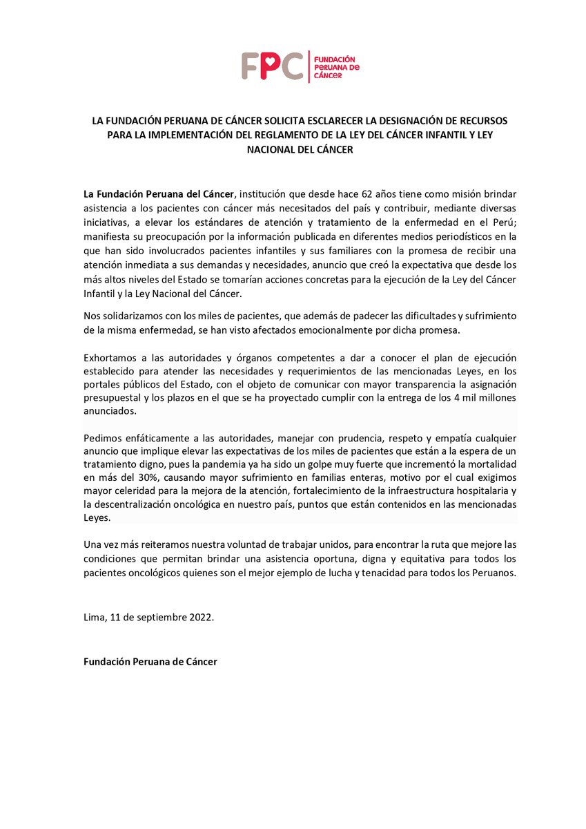 FPCPERU's tweet photo. La Fundación Peruana de Cáncer expresa el siguiente comunicado. https://t.co/DEJmLOtnju