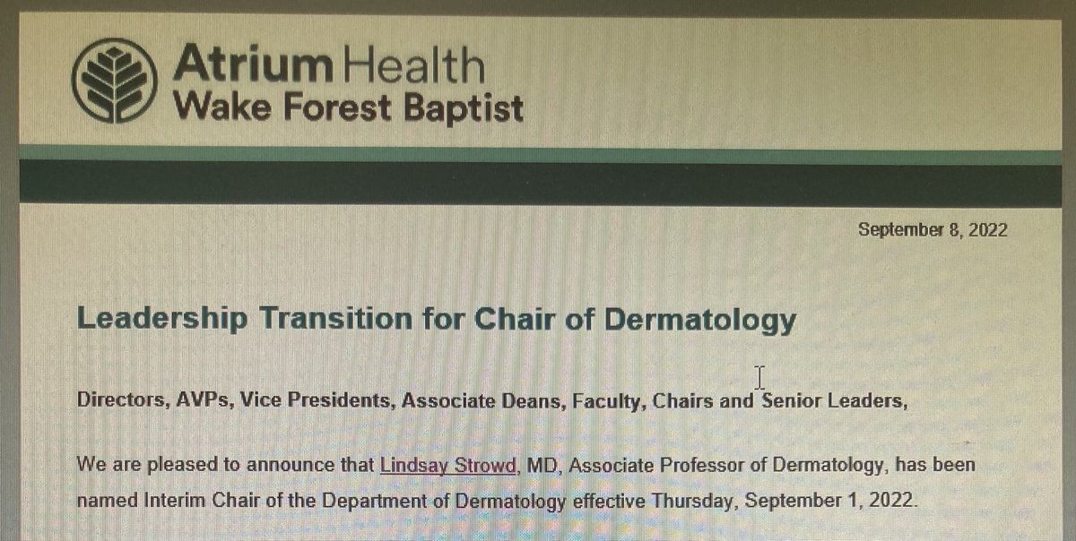 Big time news I can’t help but post. I’m not usually one to post personal updates but this is too fantastic. I’m so proud of my wife Lindsay Strowd who was named interim Chair of Dermatology <a href="/wakeforestmed/">Wake Forest University School of Medicine</a>. She is a rockstar mother, tremendous leader, and devoted clinician.
