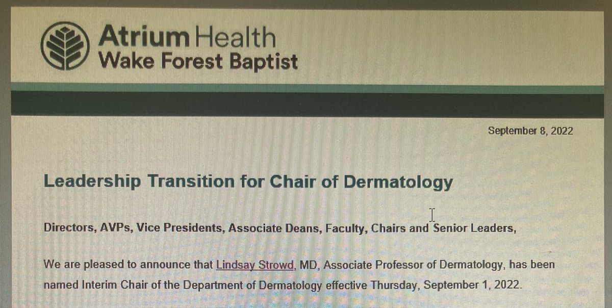 Big time news I can’t help but post. I’m not usually one to post personal updates but this is too fantastic. I’m so proud of my wife Lindsay Strowd who was named interim Chair of Dermatology @wakeforestmed. She is a rockstar mother, tremendous leader, and devoted clinician.