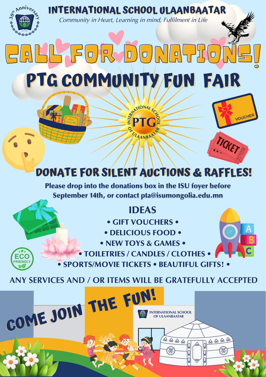 Hello again from your Parent Teacher Group.

We encourage anyone considering contributing prizes to our Community Fun Fair to do so as soon as you are able. Your contribution is so integral to the event's success. #isumongoliacommunity

Kind regards, Parent Teacher Group