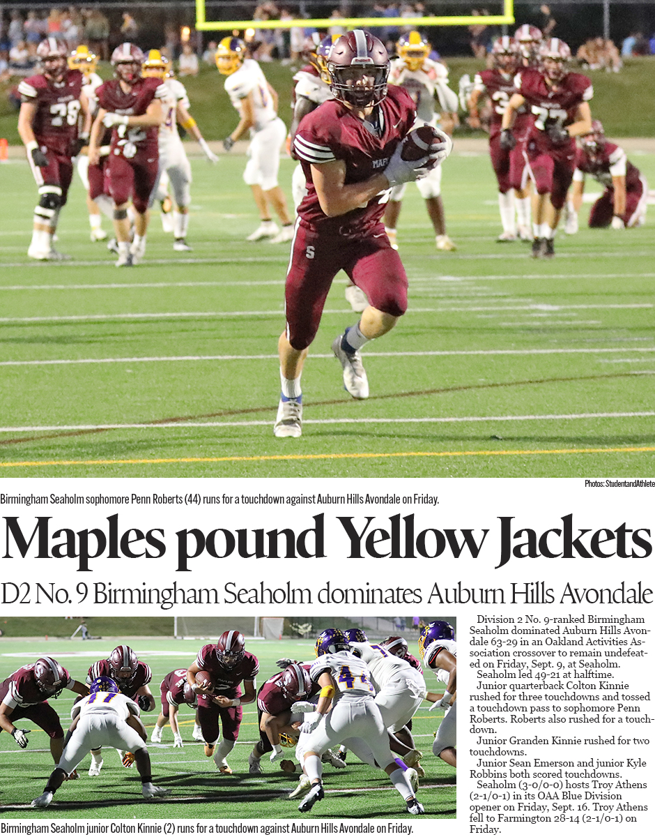 Birmingham Seaholm's huge football win over Auburn Hills Avondale leads coverage Saturday, Sept. 10, 2022, at StudentandAthlete.org
studentandathlete.org/091022_athlete…
Michigan's premier source of high school sports news.
<a href="/Bill_Watson19/">Bill Watson</a> <a href="/BirminghamPS/">Birmingham Schools</a> 
<a href="/ColtonKinnie/">Colton Kinnie</a> <a href="/roberts_penn/">Penn Roberts</a>