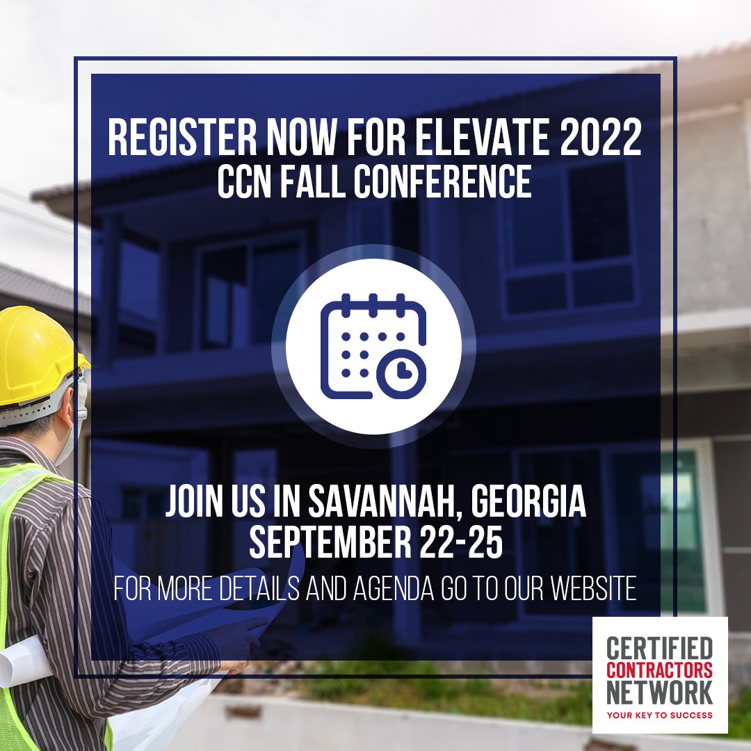 contractorsnet's tweet photo. Register now for Elevate 2022 - CCN Fall Conference

Join us in Savannah, Georgia, September 22 - 25.

For more details and Agenda go to our website. https://t.co/cLDezxkkVm