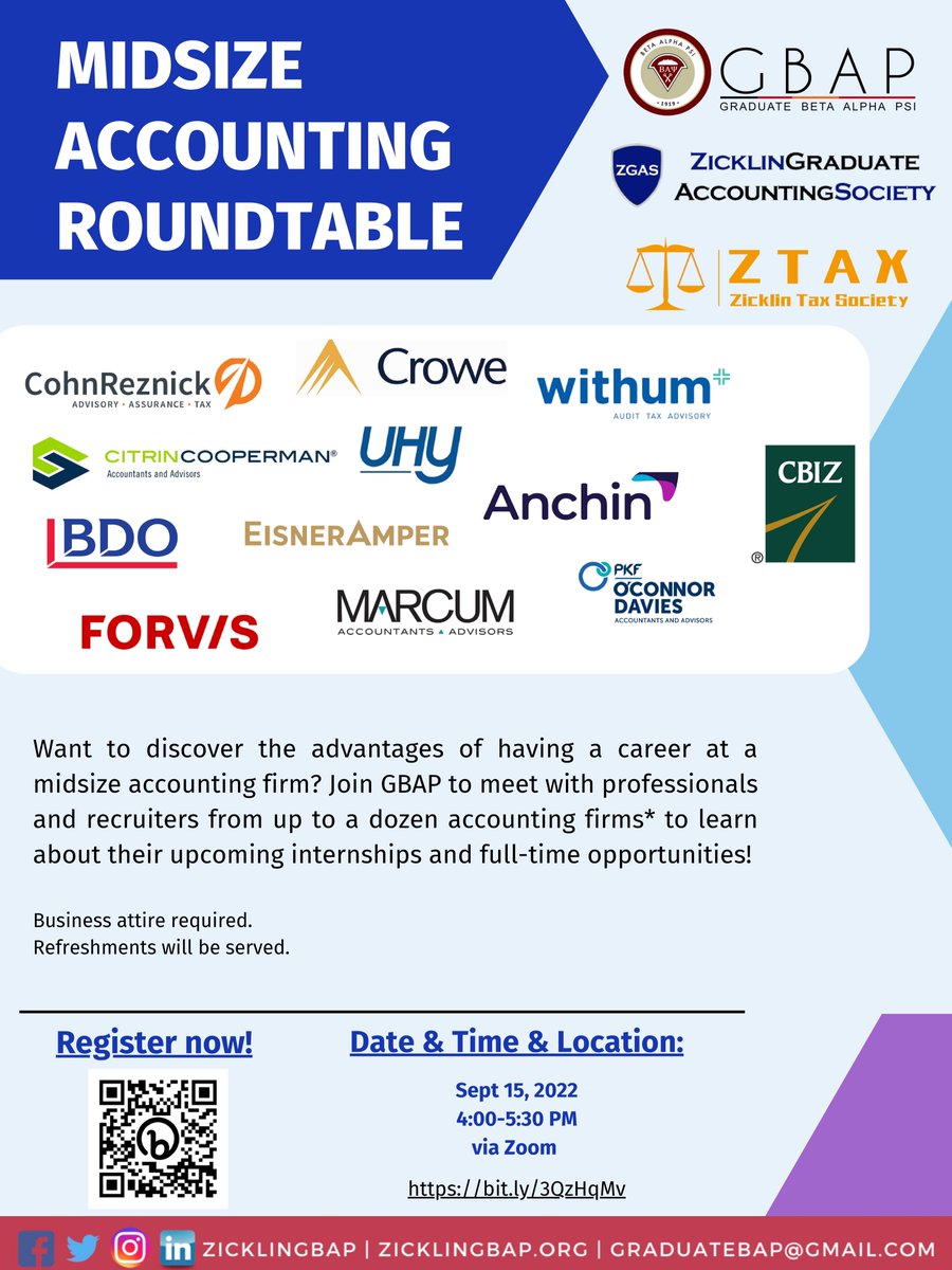 BaruchZGTS's tweet photo. Join our virtual Midsize Accounting Roundtable on Sept. 15 starting at 4PM! Take advantage of this opportunity to network with midsize accounting firms and learn more about the different service lines in public accounting. 

Link: https://t.co/XVdlErctTa https://t.co/qmxxVdTLWi