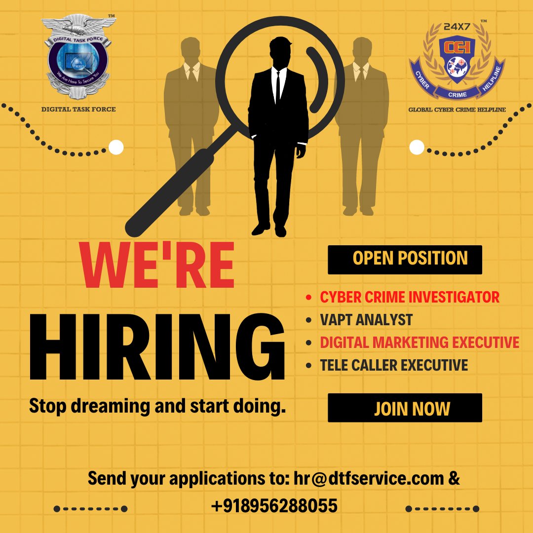 GlobalCCH's tweet photo. WE ARE HIRING…!

Contact us: +918956288055 | hr@dtfservice.com | https://t.co/rwU9diMSrQ

Don't forget to LIKE, SHARE and SAVE this post!

#job #CyberCrime #digitaltaskforce #CyberSurkshaAbhiyan #cybercrime #cybercrimes #job #jobhunt #jobsearch #jobvacancy https://t.co/YetU3rcpiY