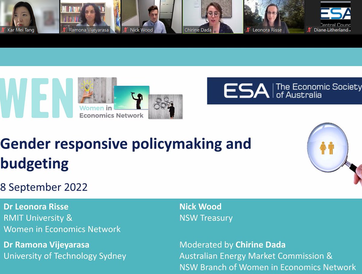 karmeit's tweet photo. Incredible talk with @rvijeyarasa, @leonora_risse and Nick Wood with Chirine Dada at the NSW @WomenEconAU session on #genderresponsive policymaking and budgeting last week 

View the recording here: https://t.co/GceRgm0XUq
#genderequality #gendergap #economics https://t.co/JbE1sVElKn