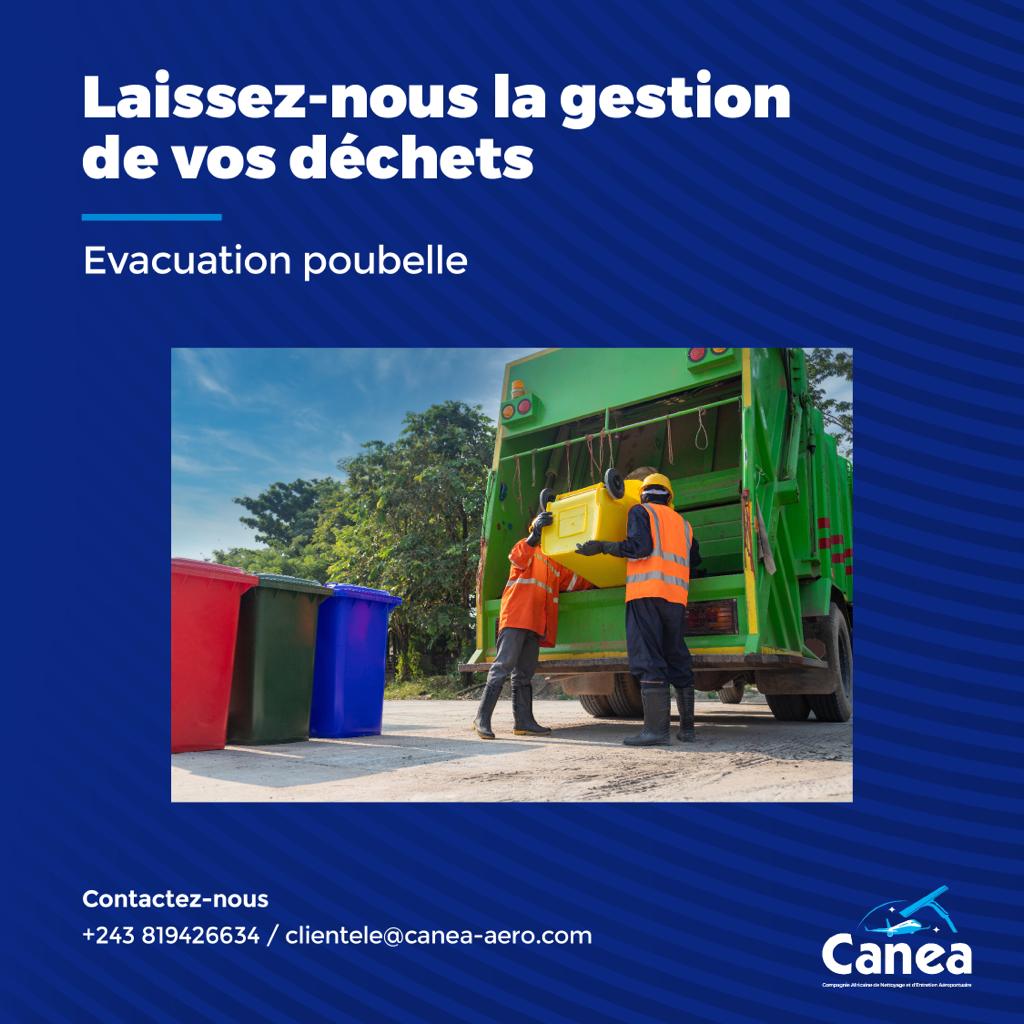 Nous nous débarrassons de vos déchets et nettoyons vos poubelles. Contactez-nous au +243819644256 ; Visitez-nous : canea-aero.com  #CANEA #CANEARDC