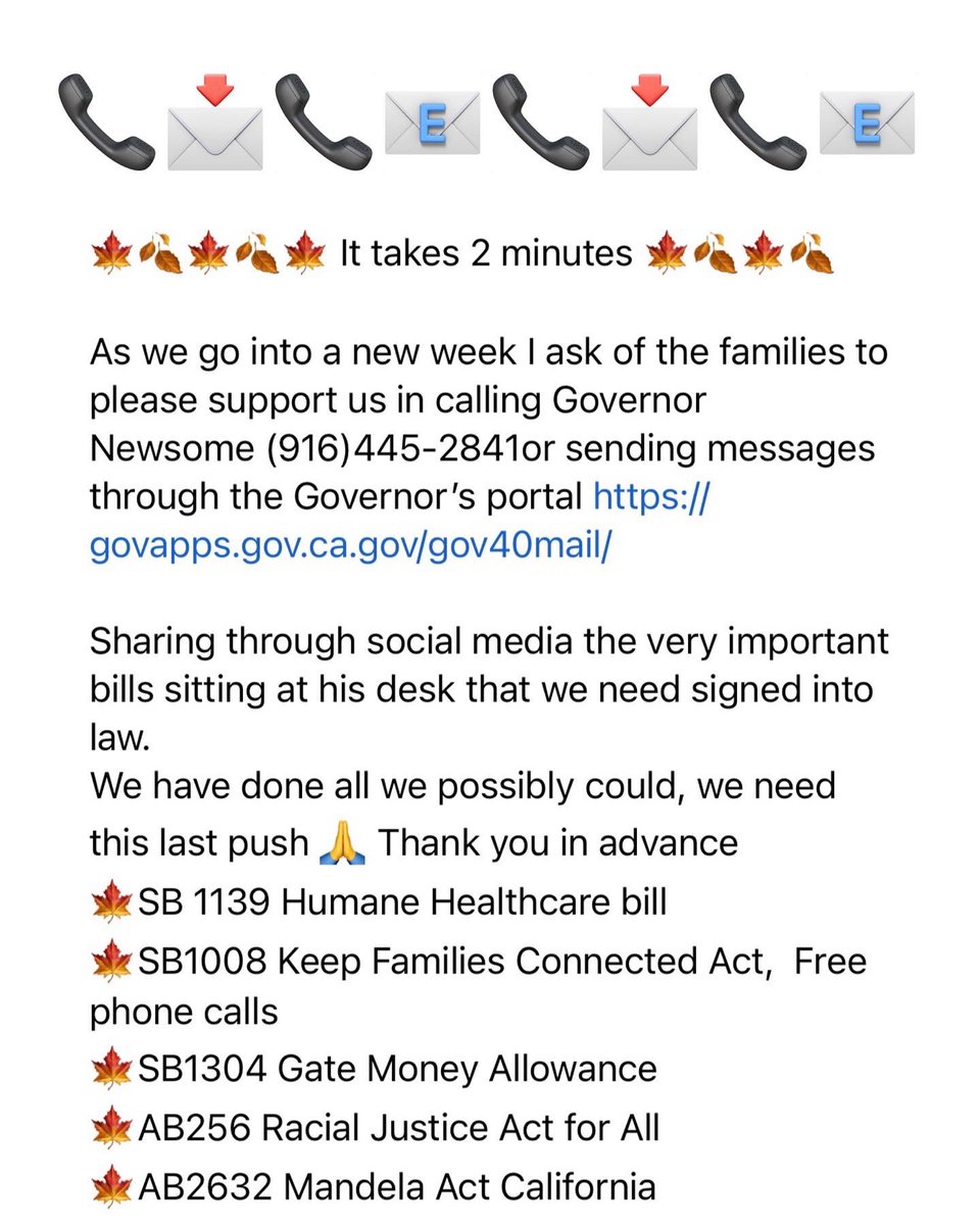 jessesplaceorg's tweet photo. Hi friends, we’re asking that all supporters in our incarcerated communities call CA Gov. Newsom at (916)445-2841 or send a message through the Governor’s portal https://t.co/5r5naCWXKW

Please share with all of your social networks to magnify all these much needed bills. https://t.co/xvPdHc1j8K