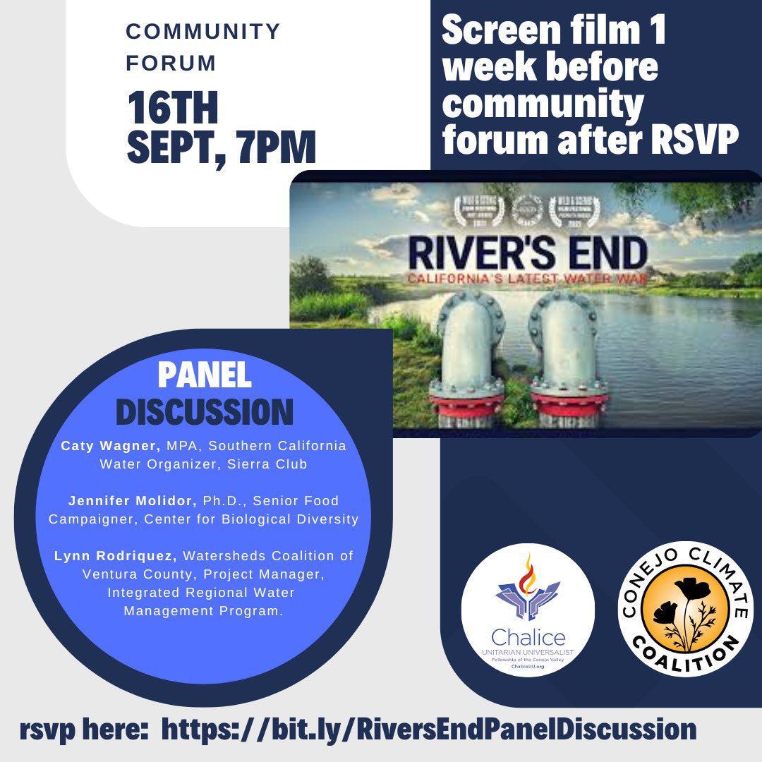 📺 Watch @Riversendfilm for FREE with registration (see below)! 💧Learn about Californian’s #drought and #water issues: September 16th at 7pm PST! 🗣 Attend a FREE panel discussion with @CatyWagner, @JenniferMolidor and Lynn Rodriguez! ➡️ Register here: bit.ly/RiversEndPanel…