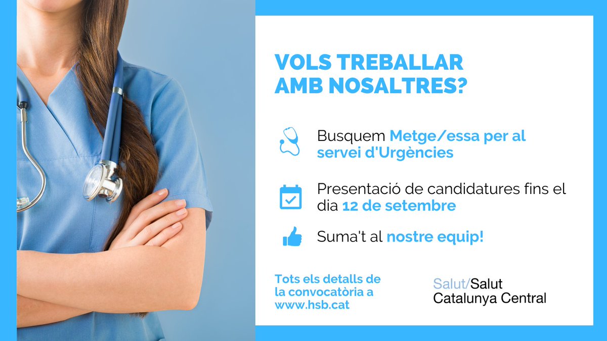 HospitaldeBerga's tweet photo. Bon dia!
3 ofertes de feina a l'#HospitaldeBerga.
Ens ajudes a retuitejar perquè arribi al màxim de gent interessada?
Gràcies!
#SalutCatalunyaCentral #ofertadefeina #medicina #Berga #Berguedà #trobarfeina https://t.co/zxZ3NTvQd7