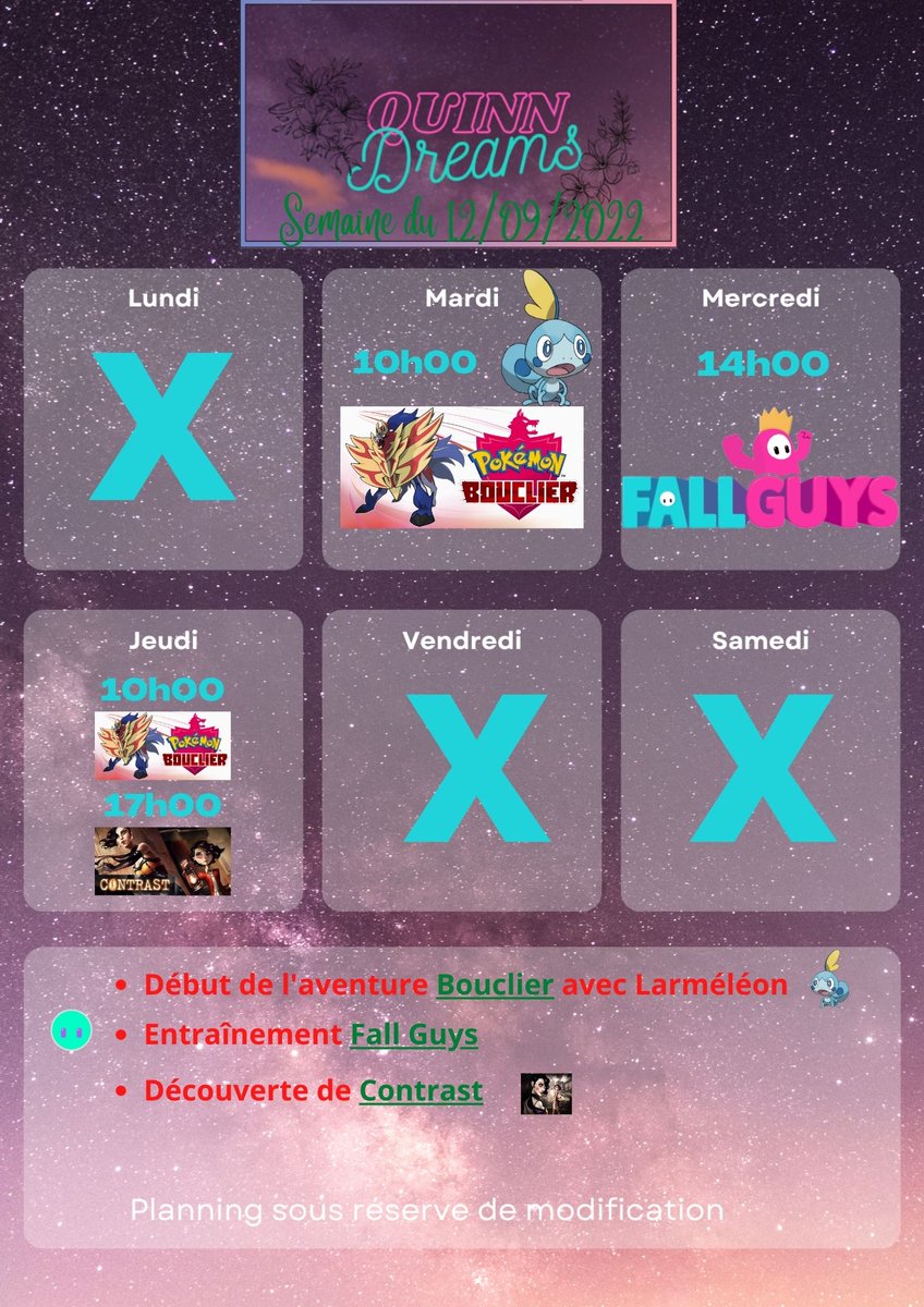 Quinn__Dreams's tweet photo. Et voici le planning de cette semaine !

Pas de Elden Ring en stream cette fois-ci, mon coéquipier faisant une pause. (Par contre j'y joue tout de même hors live, faut pas abuser)
https://t.co/amhqA2WQVD
#LLDPS #petitsstreamers https://t.co/HWaxuARftQ