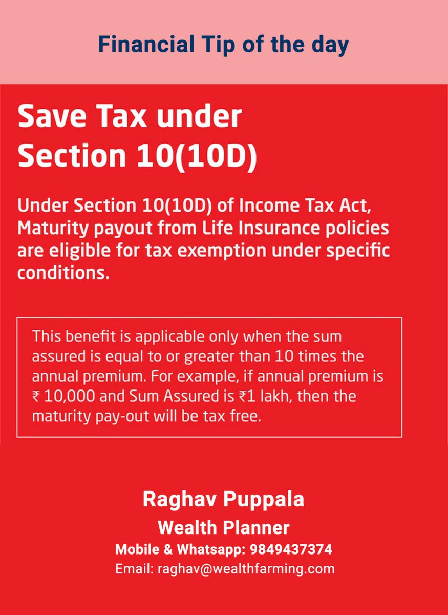 SangeethaLakka1's tweet image. Financial tip of the day
#financialtipoftheday #taxexemption #specificconditions #savetaxundersection10d #wealthplanner