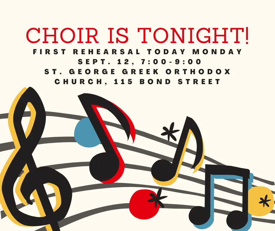 TorontoCChoir's tweet photo. Toronto Concert Choir is back tonight! We are so excited to see everyone again, and to welcome our new members!
Registration starts at 6:00 pm tonight, and the rehearsal is from 7:00 - 9:00 pm sharp, Monday September 12th.  
St. George Greek Orthodox church, at 115 Bond Street. https://t.co/JaN0E81Yhi