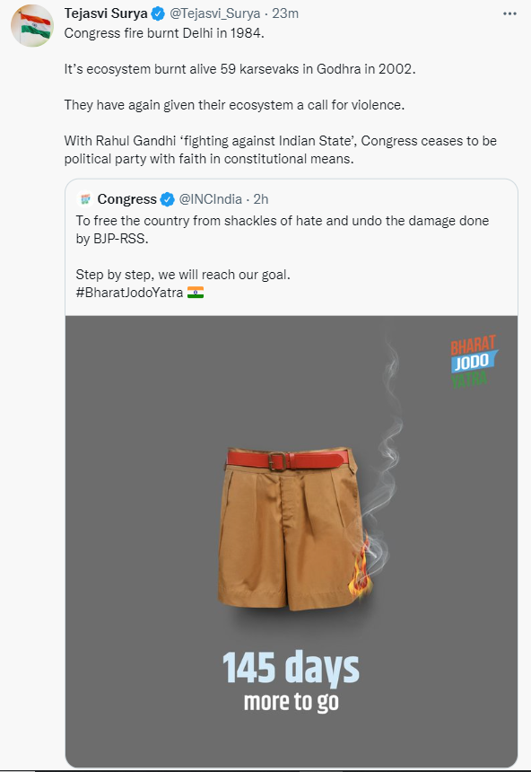 "Congress fire burnt Delhi in 1984. It’s ecosystem burnt alive 59 karsevaks in Godhra in 2002.They've again given their ecosystem a call for violence.With Rahul Gandhi ‘fighting against Indian State’, Congress ceases to be party with faith in constitutional means," BJP MP T Surya