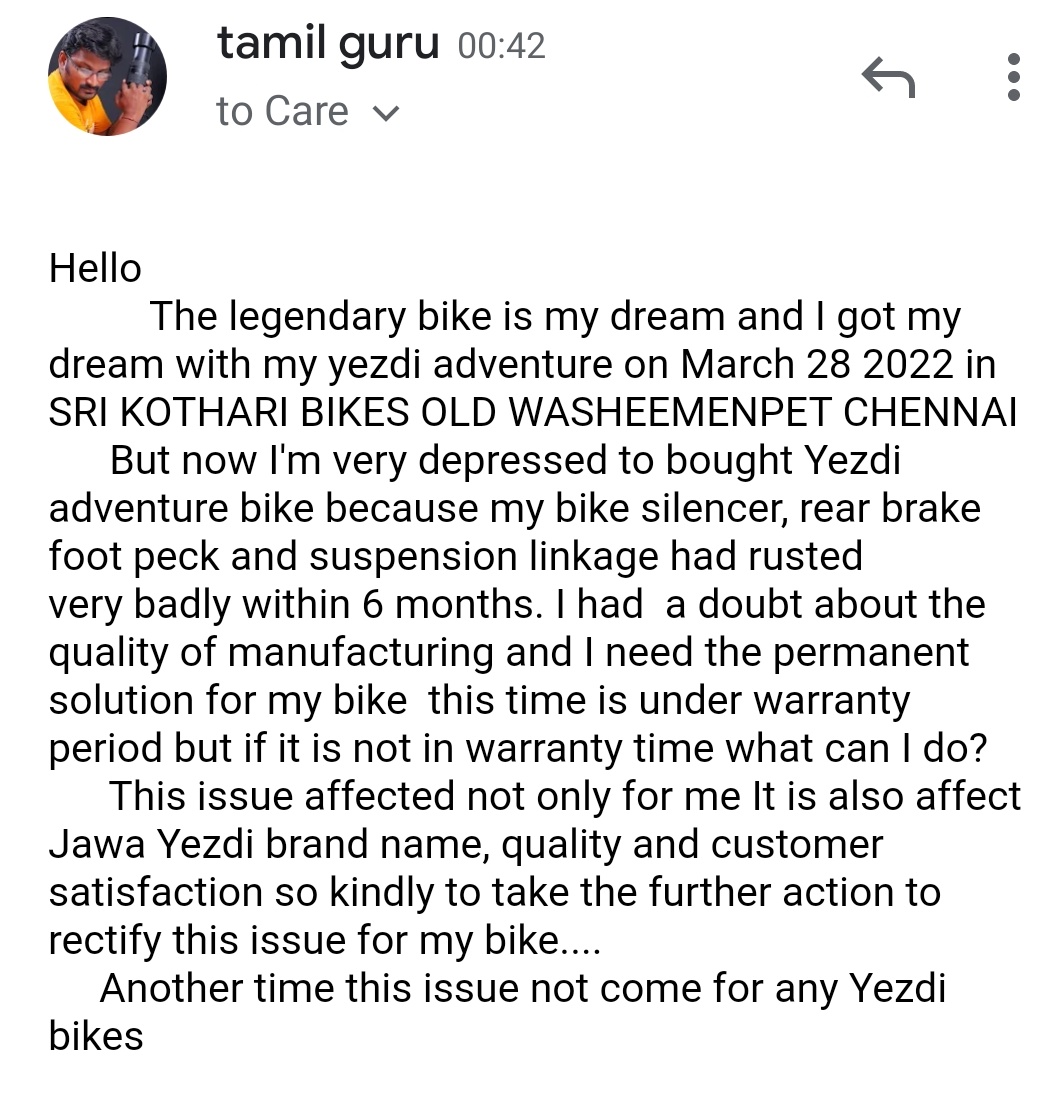mtamilguru's tweet photo. Rusting issue within 6 months in my Yezdi adventure, what Jawa Yezdi do? Is that an actual quality of manufacturer... @anandmahindra https://t.co/fFOr9SKw7v