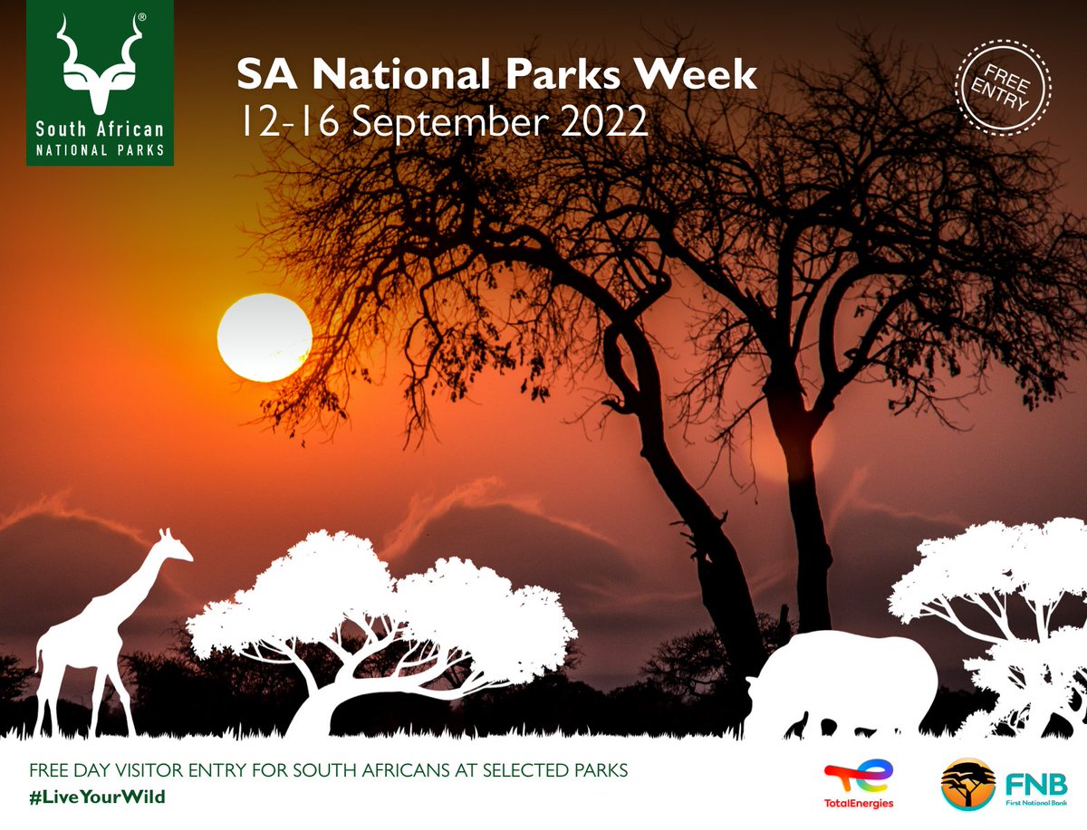 SANParks's tweet photo. HAPPY SA NATIONAL PARKS WEEK!
Celebrate with us by visiting your local national park & enjoying FREE DAY VISIT ACCESS*!
Most of our national parks are offering free day visit access between 12 & 16 September 2022. https://t.co/FDck1QLTjr