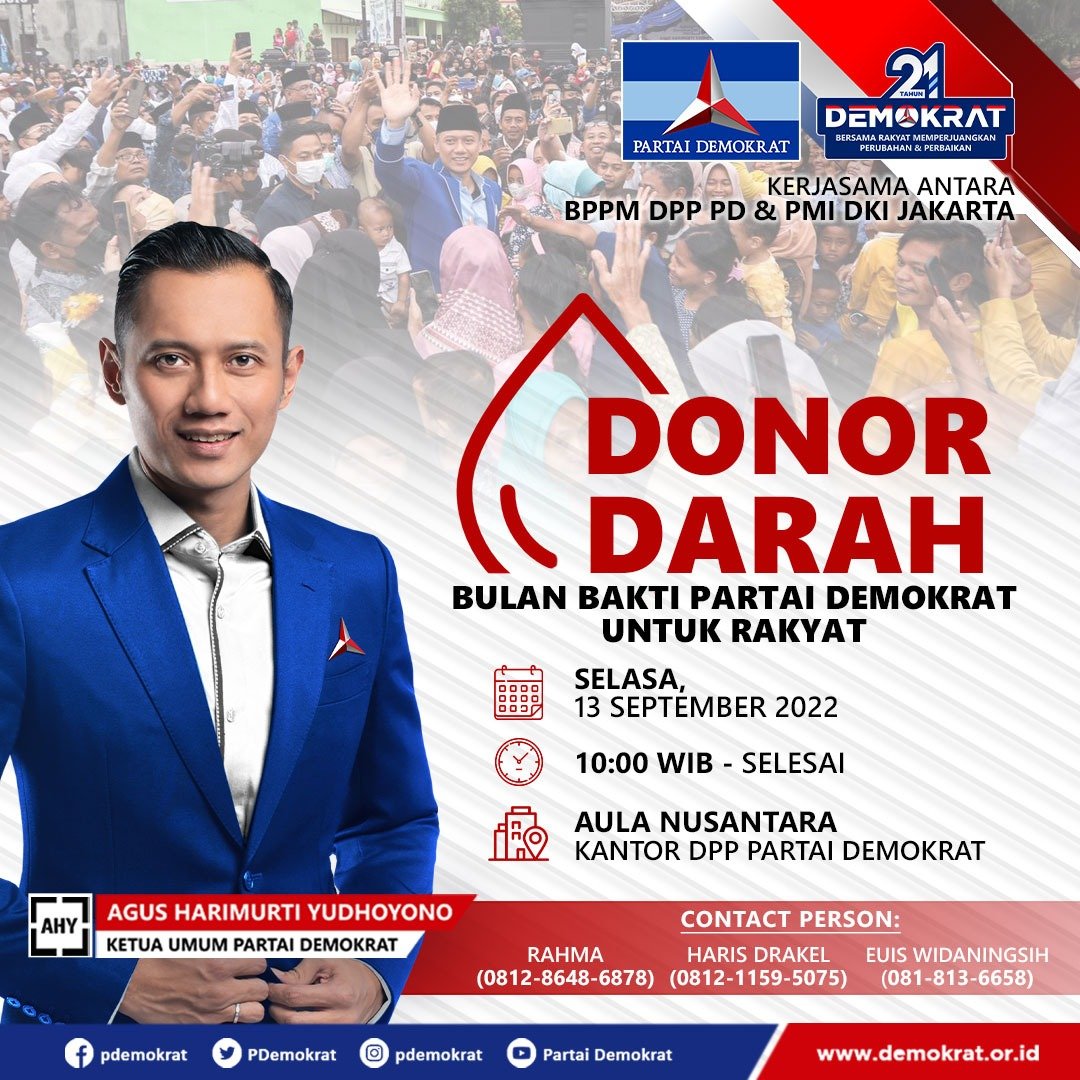 Peringati HUT ke-21, yuk ikutan "Donor Darah Bulan Bakti Partai Demokrat Untuk Rakyat".   #RapimnasDemokrat