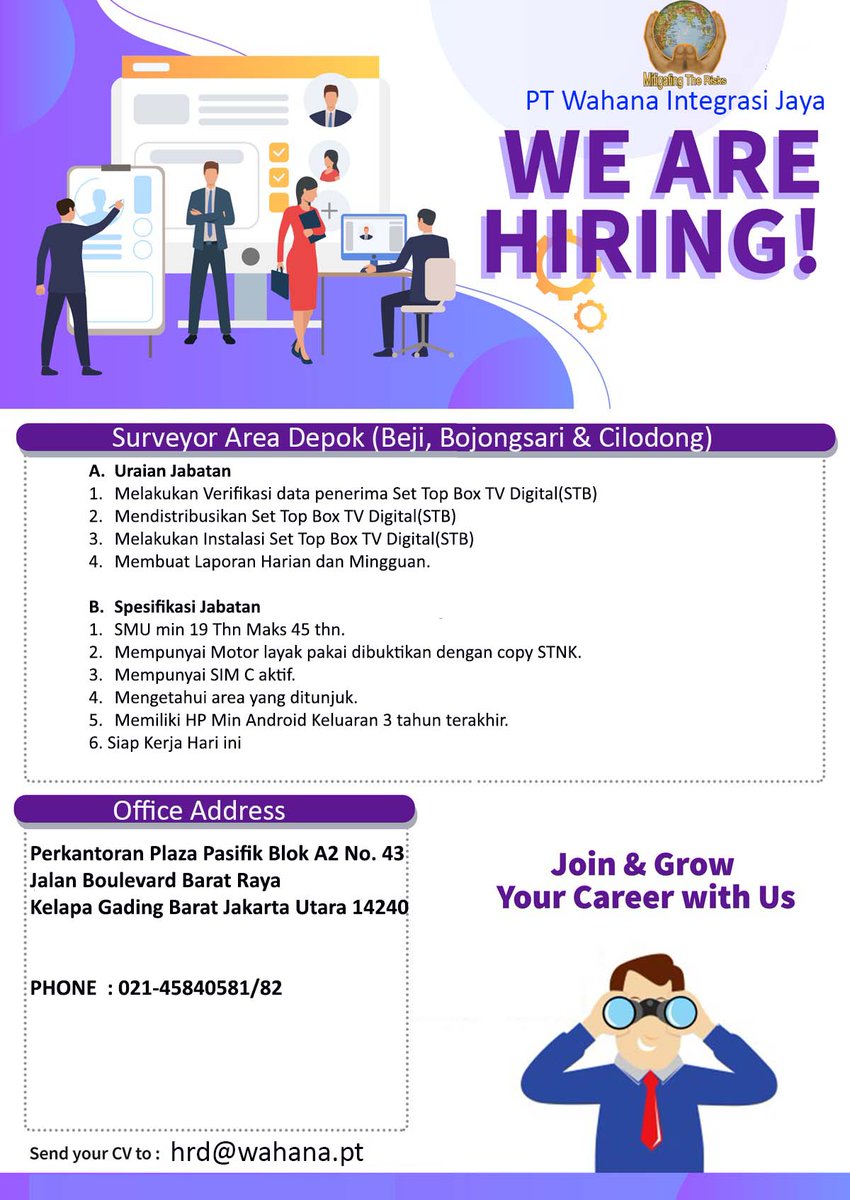 wij_corporate's tweet photo. PT Wahana Integrasi Jaya membutuhkan segera : 
SURVEYOR AREA DEPOK (Beji, Bojongsari &amp; Cilodong)
kirim CV kr : hrd@wahana.pt 
dengan subject : Surveyor_Area_Depok
Job desk dan Job Spesifikasi dapat di lihat di gambar

#survey #surveyorindonesia #surveyor https://t.co/B2Xs4oGGex